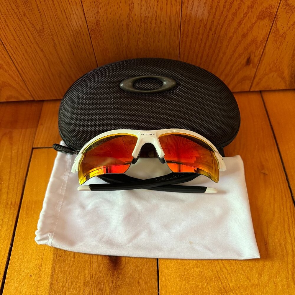 Oakley White Frame Sunglasses with Red-Orange Mirrored Lenses